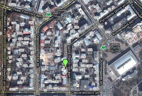 Satellite map - picture to  repair watches Kyiv street. Shota Rustaveli 34